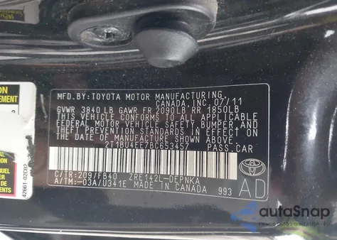 2011 Toyota Corolla Le from USA, damaged, VIN 2T1BU4EE7BC653457